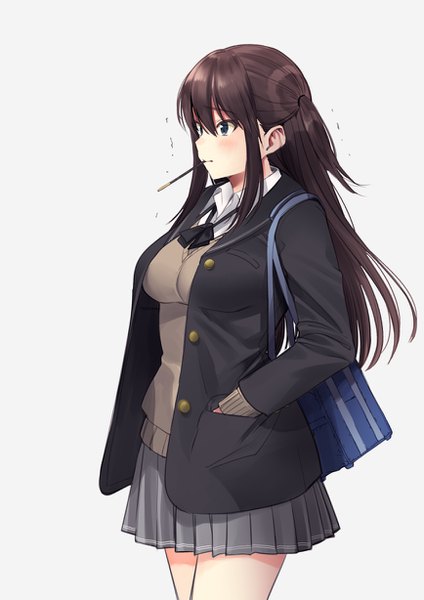 Anime picture 868x1228 with amagami morishima haruka santa (sunflower) single long hair tall image blue eyes black hair looking away girl skirt uniform school uniform miniskirt food sweets school bag pocky