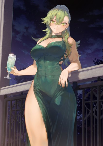 Anime picture 1302x1842 with original lecia (hijiri kishi sonia-san) mashuu (neko no oyashiro) single long hair tall image looking at viewer fringe breasts light erotic smile hair between eyes large breasts standing bare shoulders holding green eyes cleavage cloud (clouds) outdoors