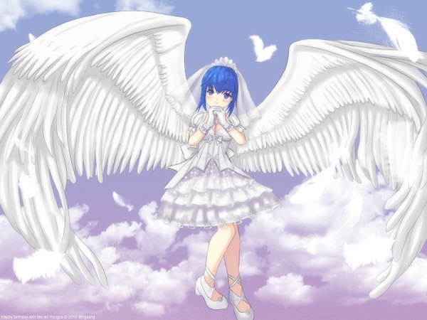 Anime picture 1280x960 with pangya arin bingsang (artist) single blue eyes blue hair cloud (clouds) girl dress gloves wings white dress feather (feathers) veil