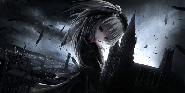 Anime picture 1055x534 with original missle228 single long hair looking at viewer blue eyes wide image silver hair cloud (clouds) dark background lolita fashion goth-loli girl ribbon (ribbons) building (buildings) feather (feathers) church