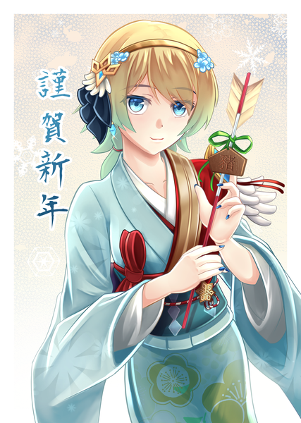 Anime picture 2160x3032 with fire emblem fire emblem heroes nintendo fjorm (fire emblem heroes) ryo-suzuki single long hair tall image looking at viewer fringe highres blue eyes blonde hair nail polish traditional clothes japanese clothes light smile hieroglyph new year blue nail polish