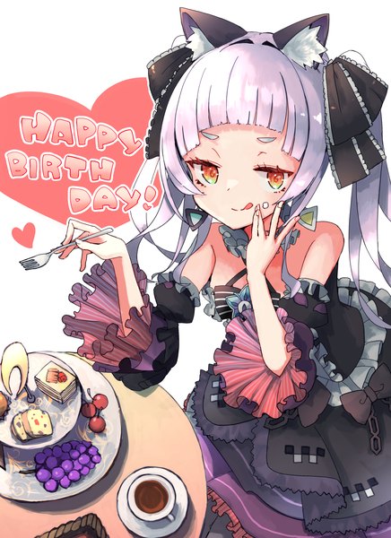 Anime picture 2546x3500 with virtual youtuber hololive murasaki shion murasaki shion (5th costume) tokorinowa single long hair tall image highres twintails animal ears silver hair from above cat ears orange eyes official alternate costume lolita fashion happy birthday goth-loli food on face