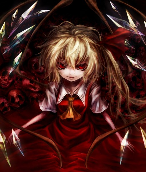 Anime picture 1000x1176 with touhou flandre scarlet igap single tall image looking at viewer short hair blonde hair red eyes light smile girl dress wings skull crystal