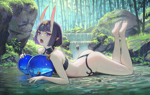 Anime picture 1919x1214 with fate (series) fate/grand order shuten douji (fate) vertigris single looking at viewer fringe highres short hair open mouth light erotic purple eyes purple hair outdoors ass lying blunt bangs horn (horns) pointy ears on stomach