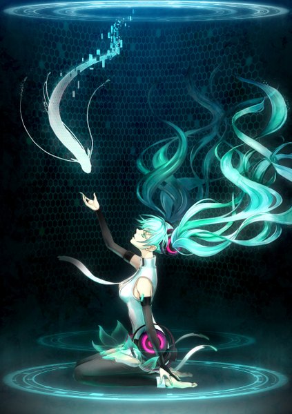 Anime picture 1748x2480 with vocaloid vocaloid append hatsune miku hatsune miku (append) yamano uzura long hair tall image highres twintails nail polish profile barefoot aqua eyes aqua hair kneeling outstretched arm magic girl detached sleeves fish (fishes)