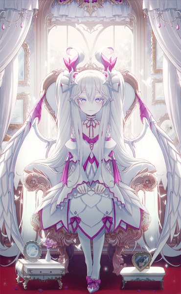 Anime picture 2000x3239 with original okazu (eightstudio) single tall image looking at viewer blush fringe highres hair between eyes sitting purple eyes bare shoulders payot full body white hair indoors very long hair horn (horns) light smile pointy ears