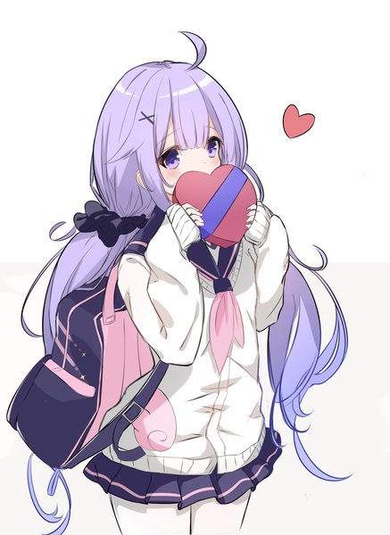 Anime picture 2507x3440 with azur lane unicorn (azur lane) unicorn (amusement park date) (azur lane) saba (sorameso otk) single long hair tall image blush fringe highres simple background purple eyes twintails holding purple hair ahoge long sleeves low twintails sleeves past wrists covered mouth