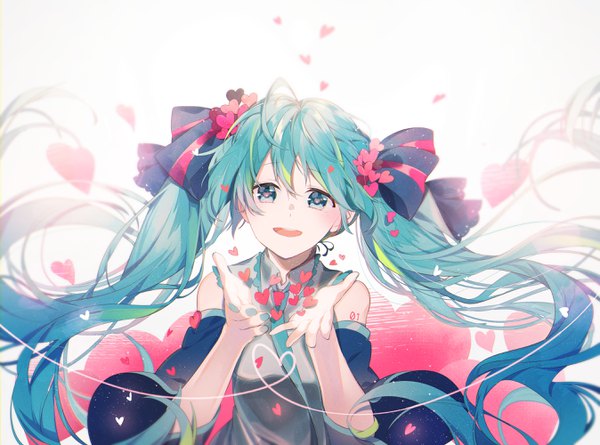 Anime picture 2695x2000 with vocaloid hatsune miku omutatsu single fringe highres open mouth hair between eyes twintails bare shoulders upper body ahoge very long hair nail polish aqua eyes aqua hair symbol-shaped pupils heart-shaped pupils heart of string girl