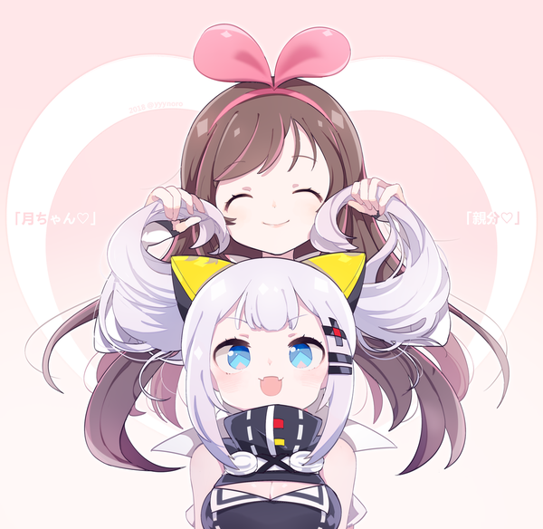 Anime picture 1150x1121 with virtual youtuber a.i. channel the moon studio kizuna ai kaguya luna captain yue long hair blush open mouth blue eyes smile brown hair twintails multiple girls payot silver hair eyes closed multicolored hair fang (fangs) streaked hair