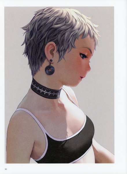 Anime picture 5092x6966 with original futurelog (artbook) range murata single tall image blush fringe highres short hair breasts light erotic simple background absurdres cleavage parted lips profile grey hair scan grey background grey eyes