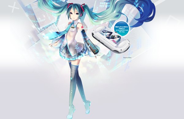 Anime picture 1920x1244 with vocaloid hatsune miku ixima single highres twintails very long hair aqua eyes aqua hair girl thighhighs skirt black thighhighs detached sleeves miniskirt necktie headphones psp