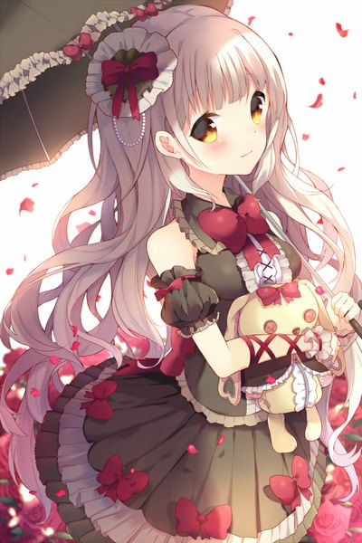 Anime picture 666x1000 with vocaloid mayu (vocaloid) usano mimi ikari (aor3507) long hair tall image blush fringe smile standing bare shoulders holding yellow eyes white hair girl dress hair ornament flower (flowers) ribbon (ribbons) bow