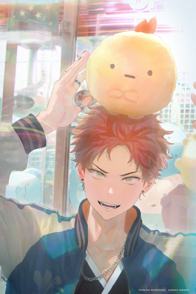 Anime picture 599x900 with hypnosis mic sumikko gurashi kuko harai sioda single tall image looking at viewer blush short hair open mouth smile signed yellow eyes upper body red hair nail polish :d arm up open jacket copyright name