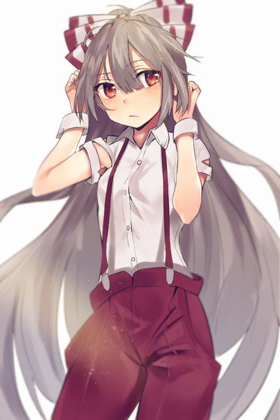 Anime picture 904x1351 with touhou fujiwara no mokou asuzemu single tall image fringe simple background hair between eyes red eyes standing white background looking away very long hair grey hair adjusting hair girl bow hair bow wrist cuffs suspenders