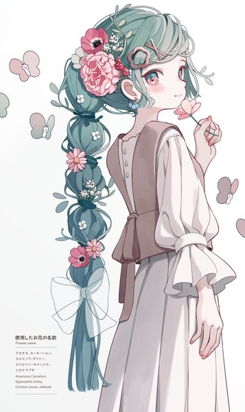 Anime picture 2935x4936 with original shiraho (color-56) single long hair tall image blush highres simple background standing white background braid (braids) hair flower green hair single braid girl dress hair ornament flower (flowers) bow hair bow