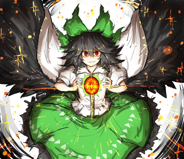 Anime picture 1614x1398 with touhou reiuji utsuho kankan33333 single long hair looking at viewer black hair smile red eyes parted lips short sleeves puffy sleeves shaded face black wings >:) girl skirt bow hair bow shirt