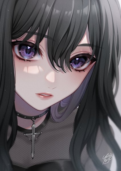 Anime picture 708x1000 with original ca yu single long hair tall image looking at viewer fringe black hair hair between eyes purple eyes signed parted lips lipstick portrait face eyeshadow red lipstick makeup fishnet girl
