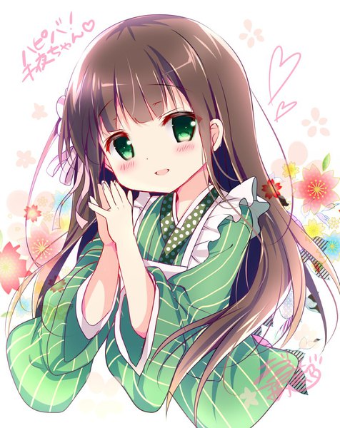 Anime picture 900x1133 with gochuumon wa usagi desu ka? white fox ujimatsu chiya azumi kazuki single long hair tall image looking at viewer blush open mouth brown hair green eyes upper body traditional clothes japanese clothes loli flat chest hands clasped floral background wa maid