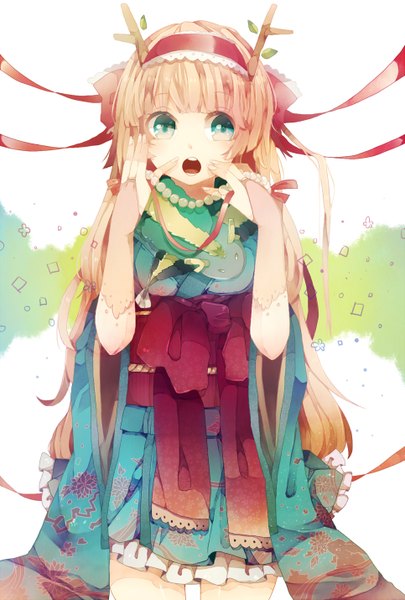 Anime picture 966x1430 with original itamidome single long hair tall image open mouth simple background blonde hair white background green eyes looking away traditional clothes japanese clothes horn (horns) hand on face girl bow ribbon (ribbons) hair ribbon frills