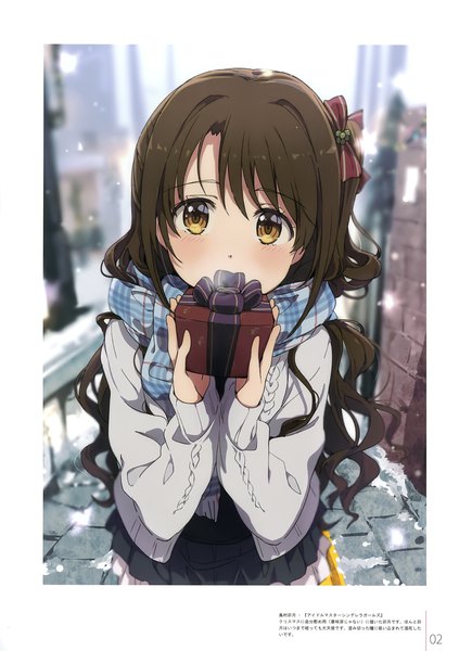 Anime picture 2466x3500 with idolmaster idolmaster cinderella girls milky been! (ogipote) - dd's gems (artbook) shimamura uzuki ogipote single long hair tall image looking at viewer blush highres brown hair brown eyes blurry scan depth of field embarrassed one side up border snowing