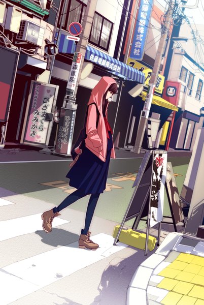 Anime picture 1000x1493 with majisuka gakuen nezumi (majisuka gakuen) sakico single long hair tall image looking at viewer brown hair standing brown eyes pleated skirt open clothes open jacket hands in pockets street crosswalk girl skirt uniform pantyhose