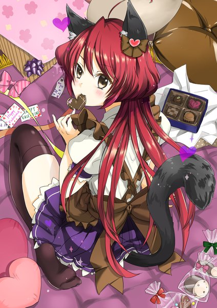 Anime picture 1260x1782 with original minazuki sarami nain (27036694) single long hair tall image looking at viewer fringe sitting holding brown eyes animal ears red hair tail animal tail pleated skirt looking back from above from behind cat ears