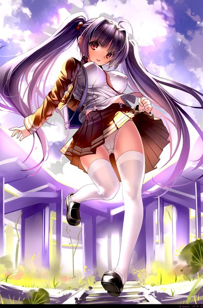 Anime picture 1300x1972 with original miyazaki byou single long hair tall image breasts open mouth light erotic smile red eyes large breasts twintails purple hair ahoge girl thighhighs skirt uniform hair ornament underwear