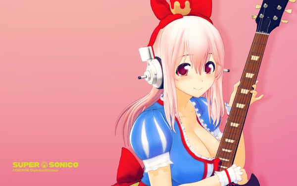 Anime picture 1920x1200 with nitroplus super sonico single long hair blush highres smile red eyes pink hair pink background girl dress headphones guitar