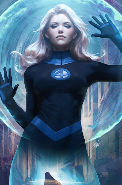 Anime picture 856x1300 with fantastic four marvel comics sue storm artgerm (stanley lau) single long hair tall image looking at viewer blue eyes blonde hair standing signed outdoors lips realistic magic transparent skin tight superhero girl