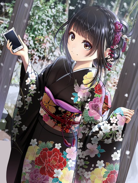 Anime picture 800x1062 with original matsuno chiya kentaurosu single long hair tall image blush fringe black hair standing holding brown eyes payot looking away outdoors blunt bangs braid (braids) long sleeves traditional clothes japanese clothes