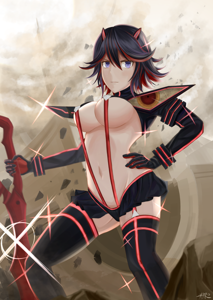 Anime picture 1065x1500 with kill la kill studio trigger matoi ryuuko hiro0626 single tall image looking at viewer short hair breasts blue eyes light erotic black hair large breasts multicolored hair two-tone hair streaked hair underboob girl thighhighs skirt