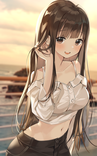 Anime-Bild 1200x1933 mit original buri (retty9349) single long hair tall image looking at viewer blush fringe breasts open mouth light erotic smile brown hair large breasts standing bare shoulders brown eyes payot sky outdoors