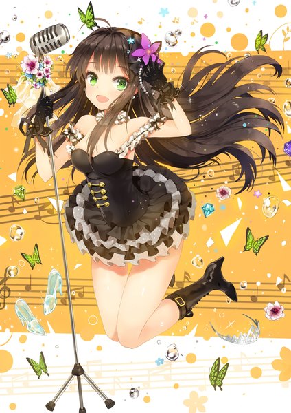 Anime picture 1500x2122 with idolmaster idolmaster cinderella girls shibuya rin dangmill long hair tall image looking at viewer open mouth black hair smile holding green eyes cleavage ahoge bent knee (knees) hair flower wind high heels pale skin jumping
