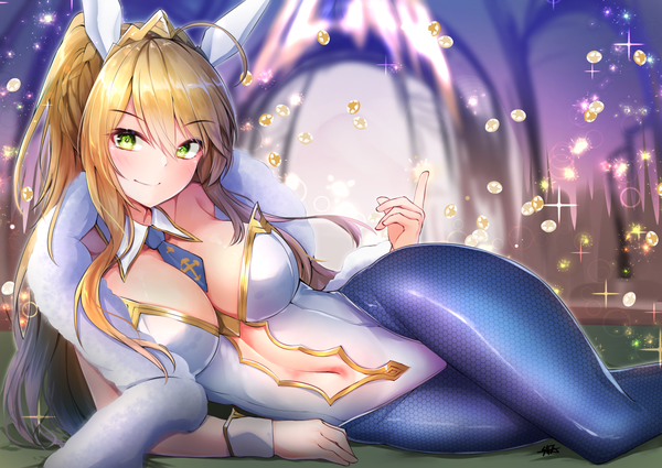 Anime picture 2039x1447 with fate (series) fate/grand order artoria pendragon (all) artoria pendragon (swimsuit ruler) (fate) hiromaster sinta jh single long hair looking at viewer blush fringe highres breasts light erotic blonde hair smile hair between eyes large breasts bare shoulders green eyes signed