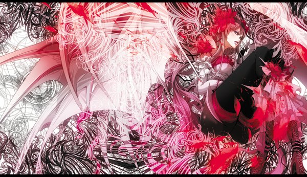 Anime picture 1127x650 with original tanupo single long hair blue eyes wide image pink hair hair flower demon girl demon wings girl thighhighs hair ornament flower (flowers) black thighhighs detached sleeves wings