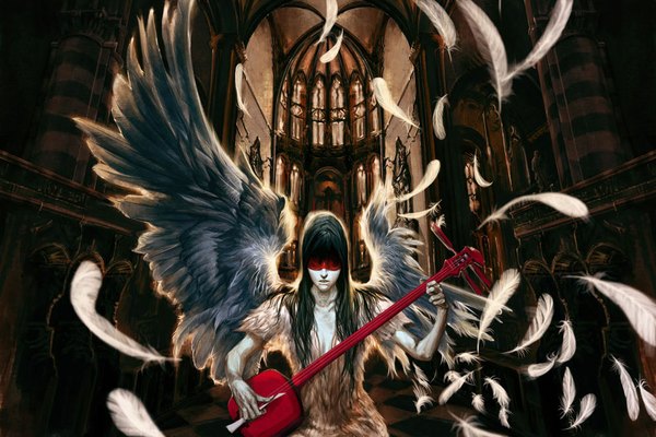 Anime picture 1000x667 with original ikeda masateru single long hair black hair sitting cleavage angel wings music girl window feather (feathers) sunglasses room