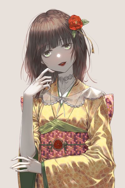 Anime picture 2000x3000 with original samsoon single long hair tall image looking at viewer blush fringe highres open mouth simple background brown hair green eyes blunt bangs braid (braids) traditional clothes head tilt japanese clothes hair flower mole