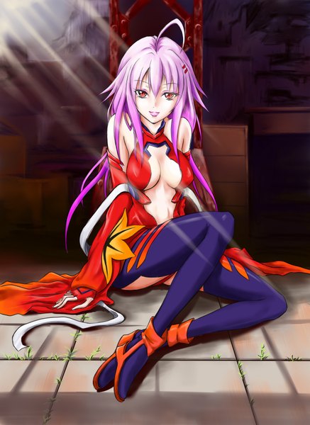 Anime picture 2552x3504 with guilty crown production i.g yuzuriha inori mikarin672 single long hair tall image looking at viewer highres breasts light erotic red eyes sitting pink hair ahoge legs center opening girl thighhighs gloves