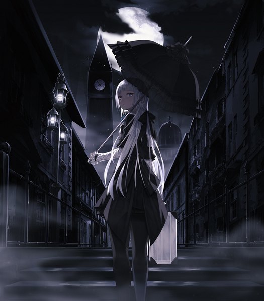 Anime picture 1800x2057 with original cecil86 single long hair tall image looking at viewer fringe highres standing holding silver hair cloud (clouds) outdoors blunt bangs long sleeves looking back from behind night night sky city
