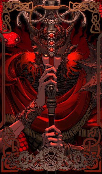 Anime picture 1080x1836 with elden ring messmer the impaler tagme (artist) single long hair tall image looking at viewer holding yellow eyes upper body red hair one eye closed framed boy weapon animal ring spear snake reptile