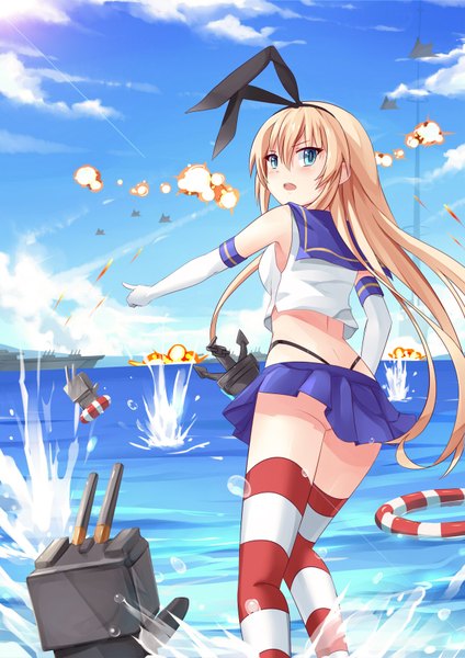 Anime picture 1240x1753 with kantai collection shimakaze destroyer rensouhou-chan mmrailgun single long hair tall image blush open mouth blue eyes light erotic blonde hair sky cloud (clouds) battle girl thighhighs gloves weapon miniskirt