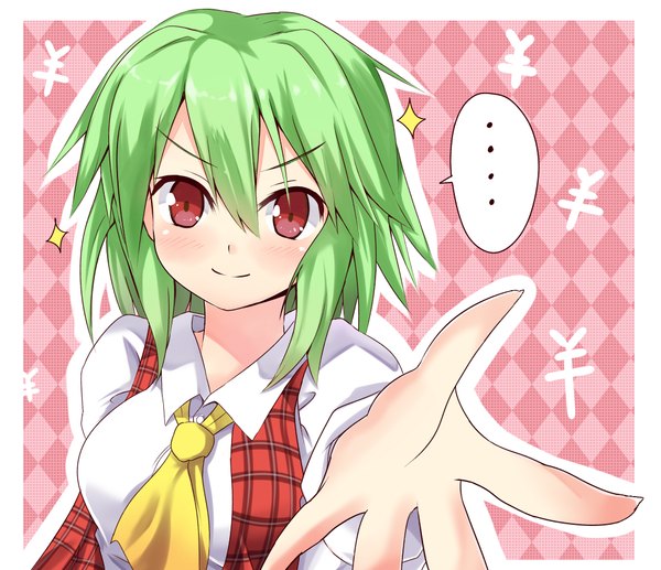 Anime picture 1020x880 with touhou kazami yuuka efe single looking at viewer blush fringe short hair smile hair between eyes red eyes upper body green hair border pink background outstretched hand rhombus outline girl speech bubble