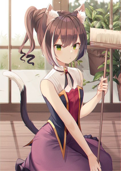 Anime picture 1060x1500 with princess connect! re:dive princess connect! karyl (princess connect!) kimi (jxrm5387) single long hair tall image fringe hair between eyes brown hair sitting green eyes animal ears ponytail indoors tail animal tail multicolored hair cat ears cat girl