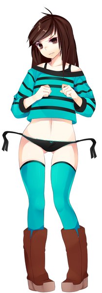 Anime picture 472x1345 with loyproject single long hair tall image looking at viewer fringe light erotic brown hair standing brown eyes girl thighhighs underwear panties black panties clothes