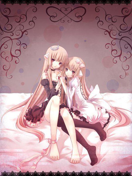 Anime picture 2304x3072 with chobits clamp chii freya nana mikoto long hair tall image highres red eyes brown hair multiple girls barefoot holding hands girl thighhighs dress black thighhighs 2 girls tiara