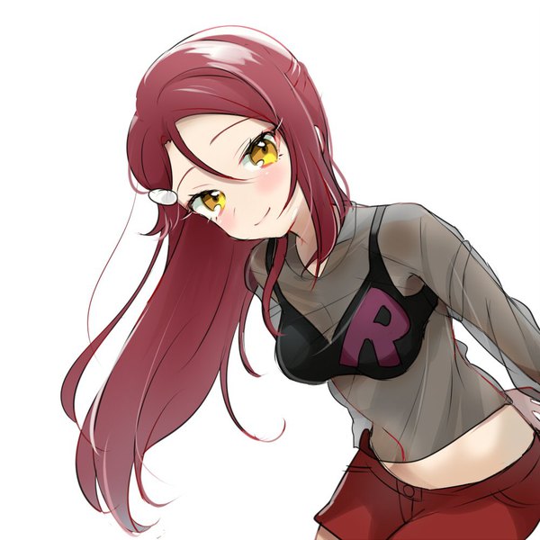 Anime picture 1000x1000 with love live! sunshine!! sunrise (studio) love live! sakurauchi riko 299 (horisso) single long hair looking at viewer blush fringe simple background hair between eyes white background yellow eyes upper body red hair light smile bare belly leaning leaning forward