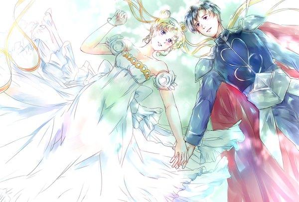 Anime picture 1748x1181 with bishoujo senshi sailor moon toei animation tsukino usagi princess serenity chiba mamoru prince endymion ere (1231 kuro 96) long hair looking at viewer blush fringe highres short hair blue eyes black hair blonde hair twintails bare shoulders looking away lying