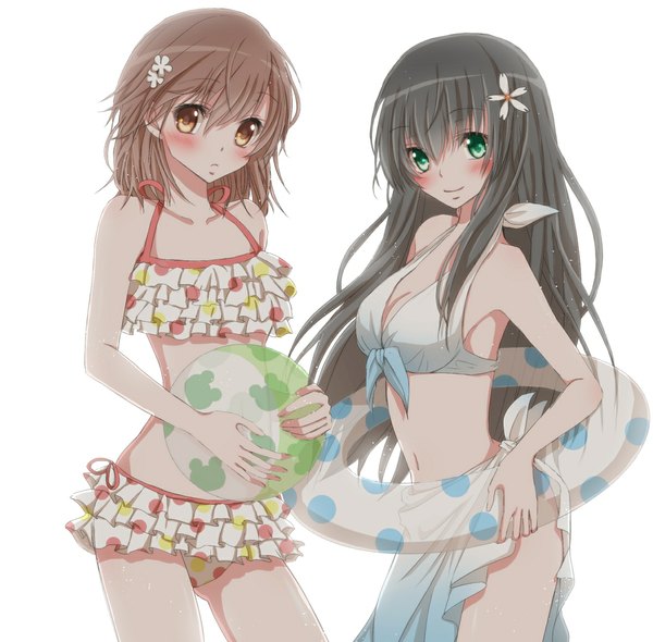 Anime picture 1179x1161 with to aru kagaku no railgun to aru majutsu no index j.c. staff misaka mikoto saten ruiko hiro (hirohiro31) long hair blush short hair black hair simple background brown hair white background multiple girls green eyes yellow eyes polka dot frilly skirt animal print girl