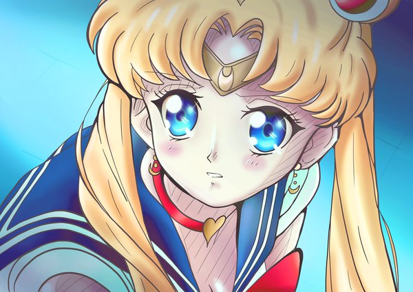 Anime picture 7016x4961 with bishoujo senshi sailor moon toei animation tsukino usagi sailor moon rainbow d fox single long hair looking at viewer blush highres blue eyes simple background blonde hair twintails absurdres from above gradient background sailor collar meme screencap redraw