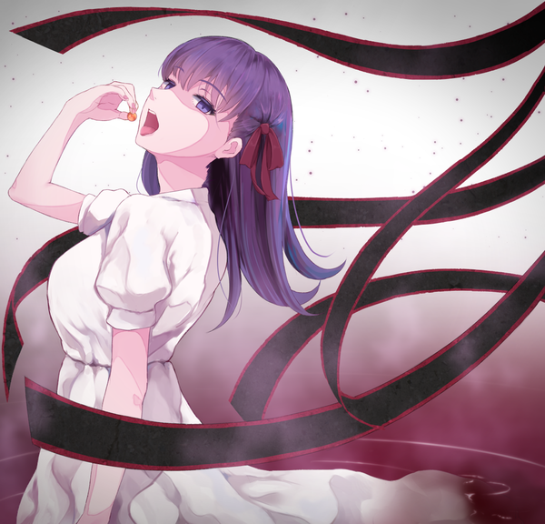 Anime picture 1200x1153 with fate (series) fate/stay night matou sakura oumi (rsag) single long hair looking at viewer fringe open mouth simple background standing purple eyes purple hair arm up short sleeves puffy sleeves gradient background girl dress ribbon (ribbons)
